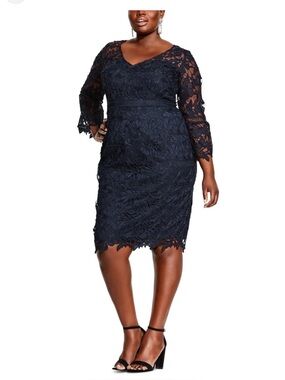 City Chic Plus-Size 20W Dark Navy Lace V-Neck Sheath Dress with bell sleeves
